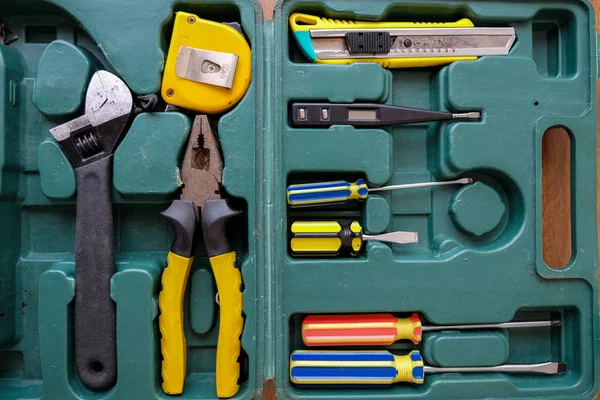 Old Square Green Tool Box Manual Set Tools Top View — Stock Photo, Image