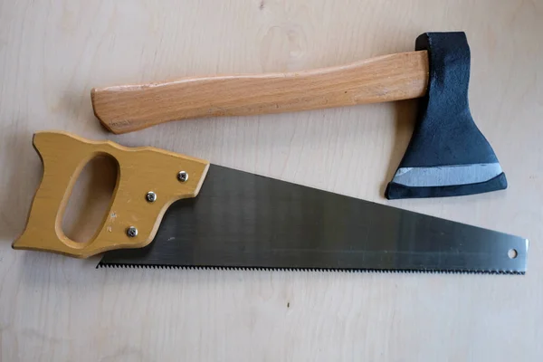 Hacksaw Mano Hacha Madera Con Primer Plano Asas Madera Sierra — Foto de Stock