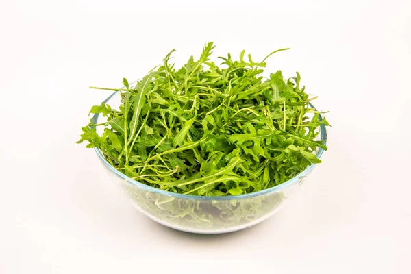 Yeşil Roka Cam Bir Kasede Yapraklar Sağlıklı Yeme Kavramı — Stok fotoğraf