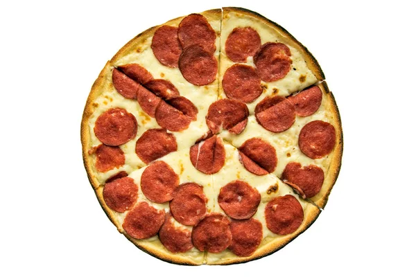 Pizza Carne Con Pepperoni Salchichas Picantes Aisladas Blanco Vista Superior — Foto de Stock