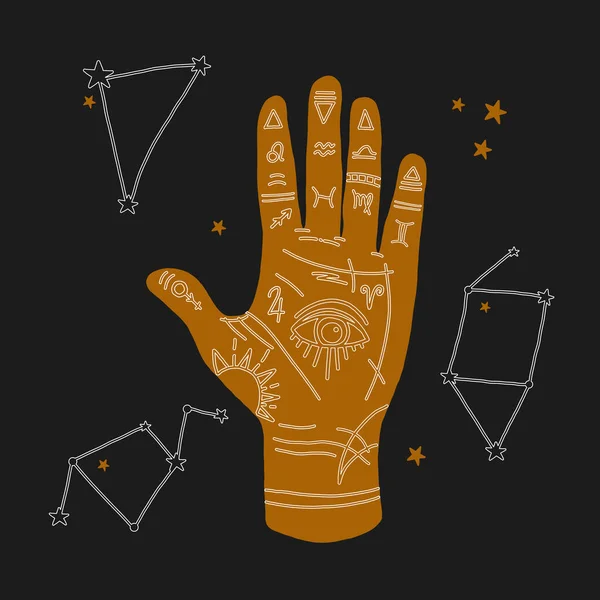 Mystische Illustration der Mudra-Hand mit Tierkreis — Stockvektor