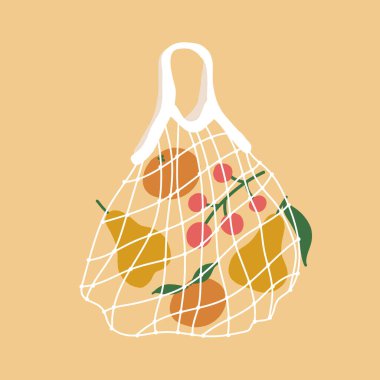 Ağlı poşette meyve. Çeşitli taze meyveler.