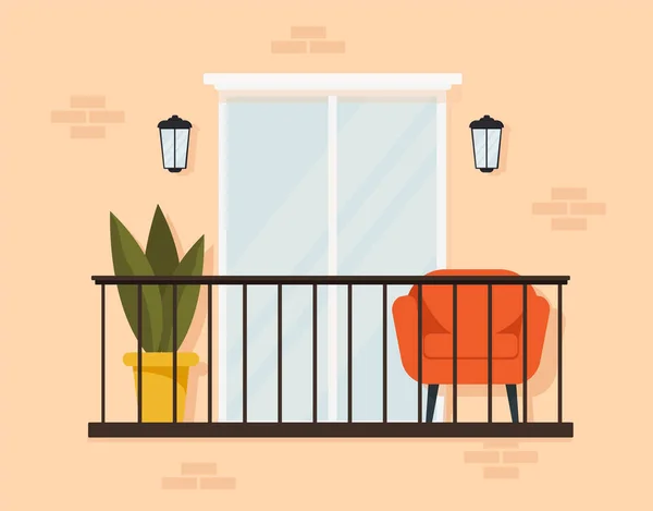 Snygg exteriör på en mysig balkong med möbler. — Stock vektor