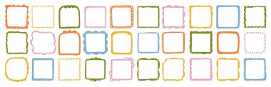 Renkli el yapımı kare çerçeveler koleksiyonu. Koleksiyon defteri, tebrik kartları, davetiyeler, fotoğraf albümleri, etiketler, posterler ve yaratıcı tasarım projeleri için vektör dekoratif sınırlar. 