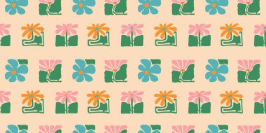 Renkli çiçek desensiz desen çizimi. Klasik tarz çiçek çerçevesi tasarımı. Geometrik doğal duvar kağıdı baskısı, bahar mevsimi doğa çiçek desenli arkaplan dokusu.