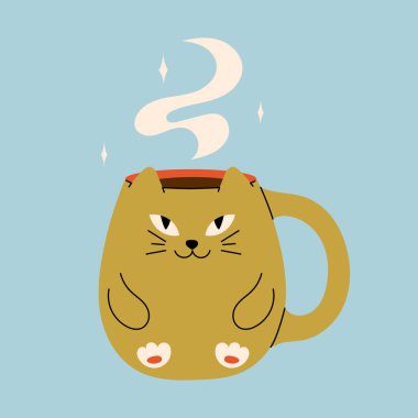 Çocuklar için sıcak içeceği ve tasarımı olan sevimli kawaii cadılar bayramı kupası kedisi. Marshmallow ve samanla dolu güzel bir kupada balkabaklı latte. Mavi arkaplandaki vektör stok illüstrasyonu.