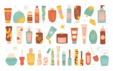 Set of sunscreen products isolated. SPF protection and sun safety concept. SPF summer products lotion, cream, spray. 