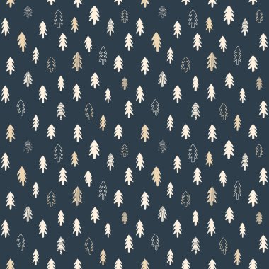 Koyu mavi arka planda kremsi beyaz ve bej çamlar, pürüzsüz desenli. Yatak örtüsü, giysi, tekstil ve kumaş için mükemmel bir gece baskısı. Noel ağacı. EPS10, düzenlenebilir. 