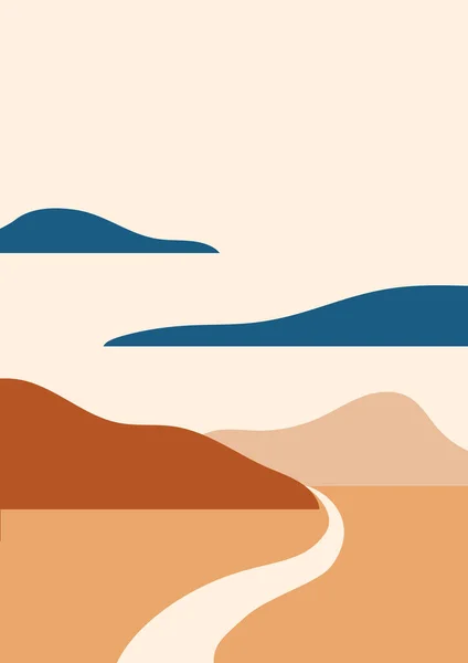 Простой векторный пейзажный плакат с дорогой, проходящей между холмами в пустыне. Королевский синий, теплый коричневый, бежевый, белый цвета. Традиционный вертикальный принт с копировальным пространством для футболки, обложки, декора. S10 — стоковый вектор
