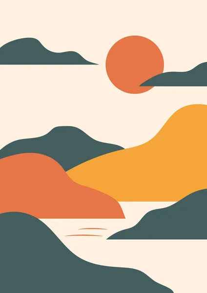 Простой векторный пейзажный плакат с холмами, солнцем, морем, винтажным восточным стилем. Теплый ретро красный, желтый, бежевый, зеленый. Традиционный вертикальный принт для футболки, обложки, декора. S10, съедобный . — стоковый вектор