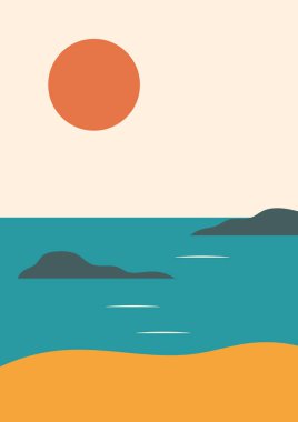 Tepeleri, kırmızı güneşi, denizi, klasik doğu tarzı olan basit bir vektör manzara posteri. Sıcak retro kırmızı, sarı, bej, yeşil. Tişört, kapak, dekor için son moda dikey baskı. EPS10, düzenlenebilir.