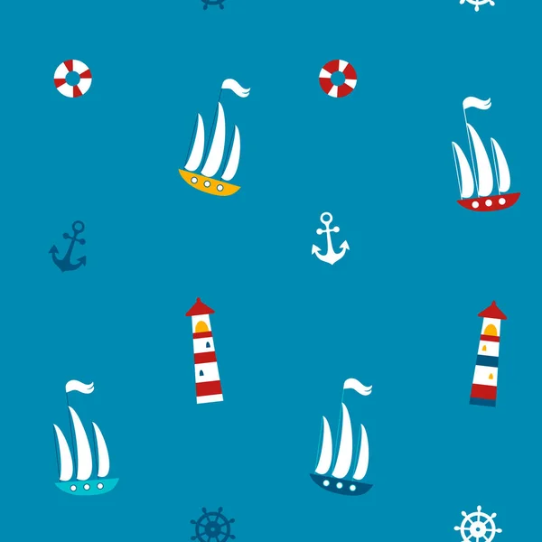 Faro, ancla, círculo de natación y un patrón sin costura vector de la nave. Papel digital para niños náuticos sobre fondo azul. Cute Boy estampado de verano para ropa, tela, textil. EPS10, editable — Archivo Imágenes Vectoriales