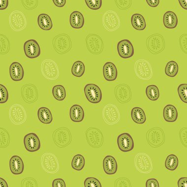 Salata yeşili arka planda kivi dilimi, kusursuz yaz vektör deseni. Çizgi sanatı çizimi. Kıyafet için meyve sulu vektör izi. Kumaş, tekstil, ambalaj kağıdı. EPS10, düzenlenebilir