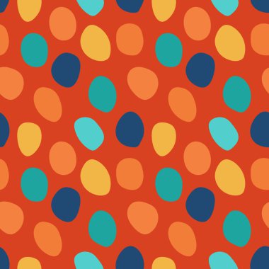 Turuncu arka planda soyut mavi, sarı ve siyanürsüz vektör deseni. Düzenlenebilir neon taşları giysi, tekstil ve kumaş için EPS10 baskısı. 