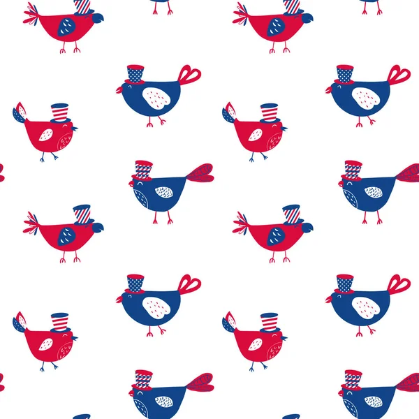 USA vlag schattige vogels naadloos patroon, vector. Leuke kinderen Digitaal papier voor onafhankelijkheidsdag, 4 juli feestelijke verpakking. Amerikaanse patriottische Vogels met hoeden print. EPS10 — Stockvector