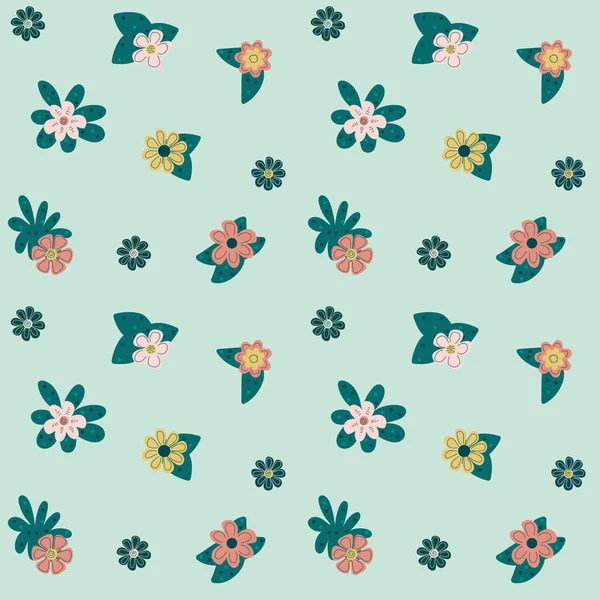 Pastell florales nahtloses Muster, Vektor. Digitalpapier mit rosa und gelben Blüten mit grünen Blättern auf hellblauem, mintfarbenem Hintergrund. Sommerdruck für Stoff, Geschenkpapier, Babybekleidung. EPS10. — Stockvektor