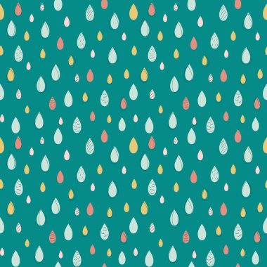 Renkli yağmur damlaları şirin, pürüzsüz desenler. Pastel nane, pembe, yeşil zemin üzerinde sarı su damlaları. Giysi, kumaş ve ambalaj kağıdı için yağmur vektör baskısı. EPS10, düzenlenebilir.