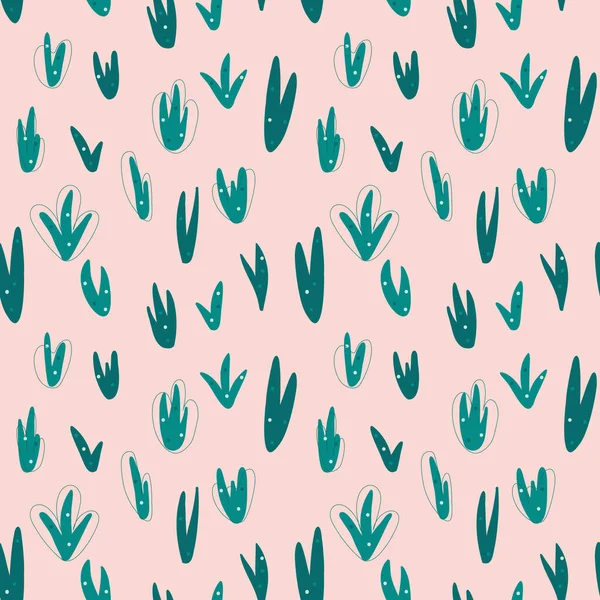 Pastel, rosa macio padrão sem costura floral, vetor. Papel digital com folhas verdes, arbustos, plantas em rosa claro, fundo bege doce. Impressão de verão para tecido, papel de embrulho, vestuário de bebê. EPS10 —  Vetores de Stock