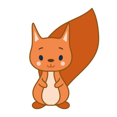 Beyaz arka planda sevimli kızıl bebek sincap, Vektör çizimi. Tatlı vahşi hayvan etiketi, çocuk baskısı. EPS10, düzenlenebilir karakter. 