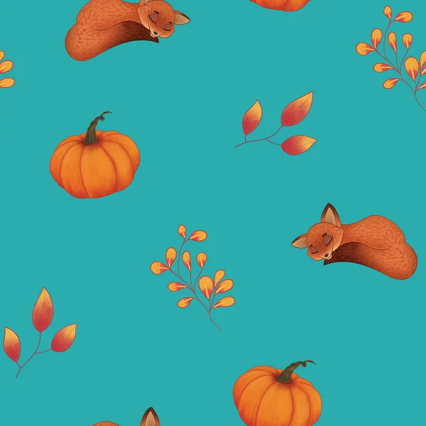 Slapende vos met pompoen, oranje gele bloemen, takken op cyaan blauwe achtergrond. Naadloze cartoon tekening patroon voor textiel, stof, prints — Stockfoto