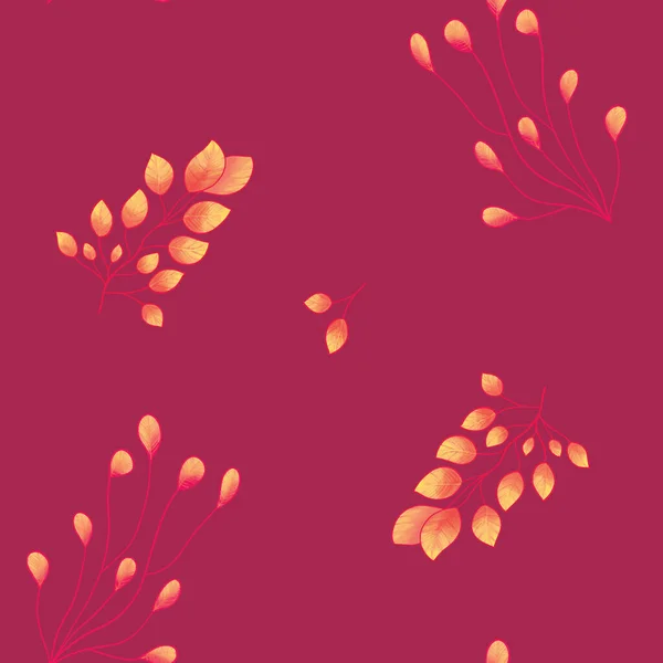 Ζωηρά κίτρινα φθινοπωρινά φύλλα, κλαδιά χωρίς ραφή μοτίβο. Φθινόπωρο πολύχρωμο φόντο με κόκκινο, πορτοκαλί χρώματα. Χειροποίητο καλλιτεχνικό σχέδιο για φθινοπωρινή μόδα, παιδικό ύφασμα — Φωτογραφία Αρχείου