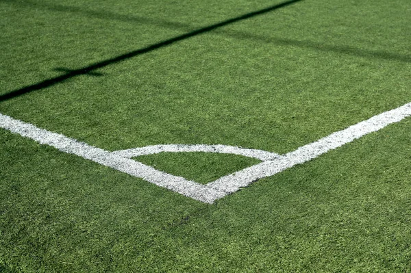 Detalhe Ângulo Pintura Esquina Branco Campo Futebol — Fotografia de Stock