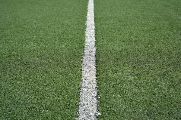 Detalj Hvite Linjer Gress Som Tilhører Fotballbane – stockfoto