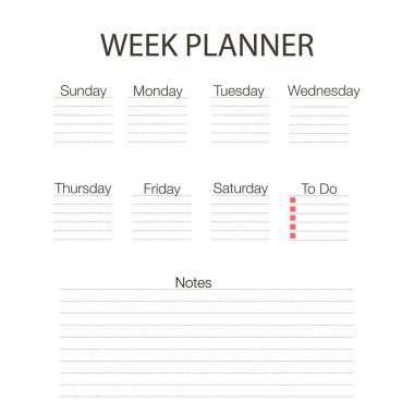 Vektör haftalık planlayıcı şablonu A4.Boş beyaz defter sayfası izole edildi. Düzenleyici sayfa.