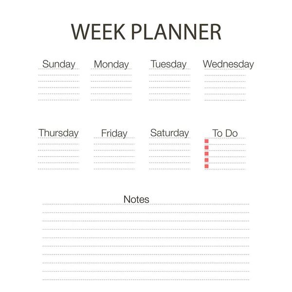 Vector Weekly Planner Template A4.Blank weißes Notizbuch Seite isoliert. Organizer Seite. — Stockvektor