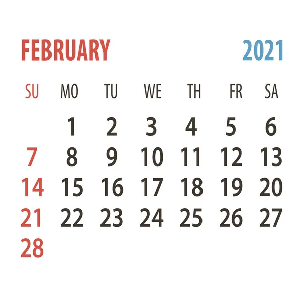 Calendario 2021. Un mes. Febrero. Inicio de semana plantilla de planificador de diseño corporativo domingo — Vector de stock