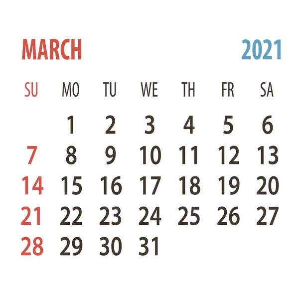 Calendario 2021. Un mes de marzo. Inicio de semana plantilla de planificador de diseño corporativo domingo — Vector de stock