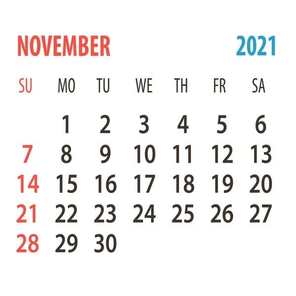 Calendario 2021. Un mes de noviembre. Inicio de semana plantilla de planificador de diseño corporativo domingo — Vector de stock