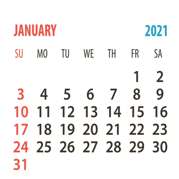 Calendario 2021. Un mes. Enero. Inicio de semana plantilla de planificador de diseño corporativo domingo — Vector de stock
