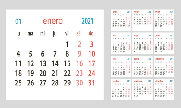 Calendario español 2021 plantilla vectorial. La semana comienza el lunes. Concepto de calendario de papelería — Archivo Imágenes Vectoriales