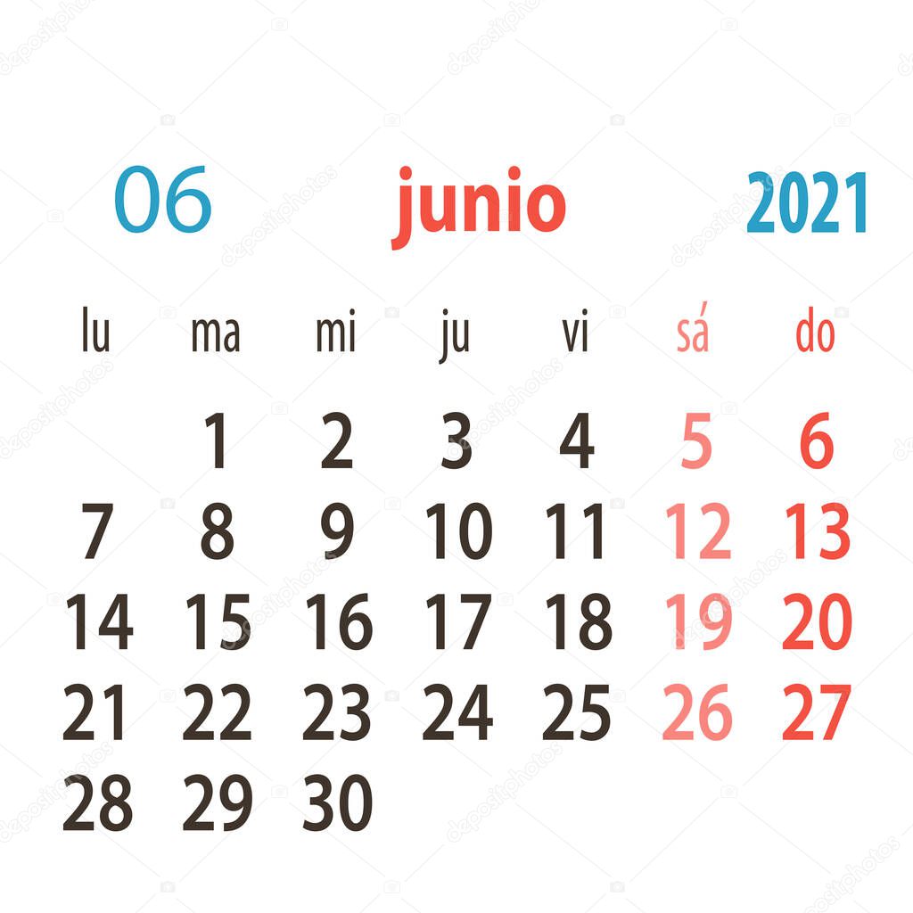 Spanish calendar 2021 vector template .Week starts Monday. Stationery calender concept.