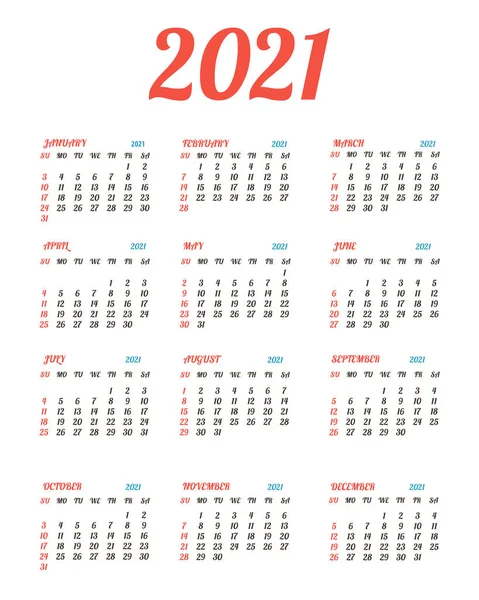 Kalender 2021. Wochenstart Sonntag Corporate Design Planer Vorlage — Stockvektor