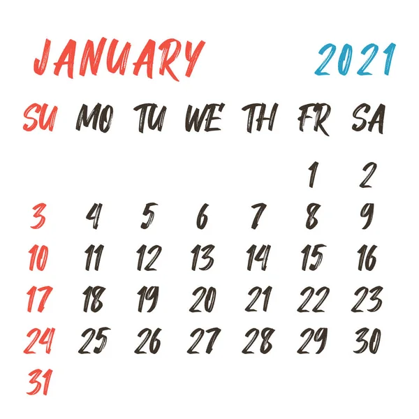 Calendario 2021. Mano dibujada. Inicio de semana plantilla de planificador de diseño corporativo domingo — Vector de stock