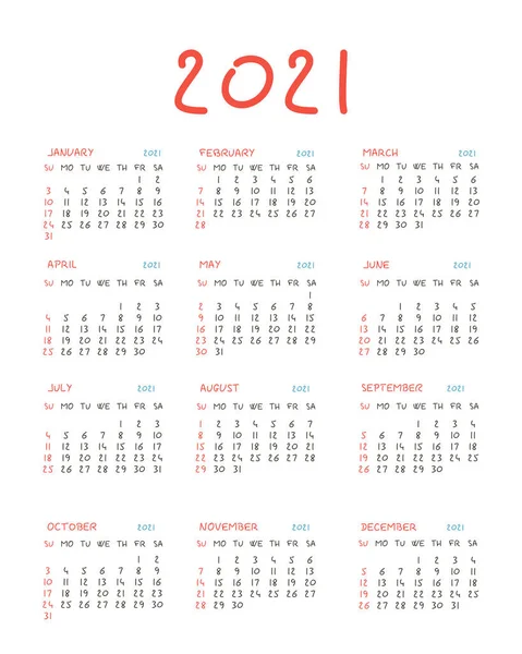 Calendario 2021. Mano dibujada. Inicio de semana plantilla de planificador de diseño corporativo domingo — Vector de stock