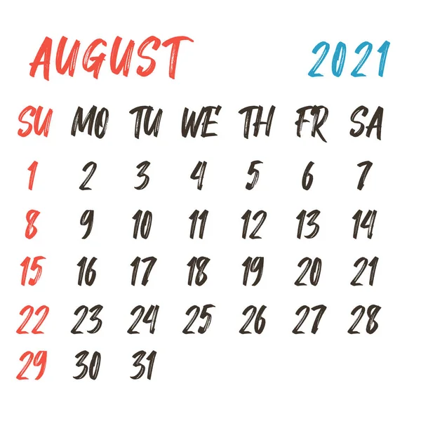 Calendario 2021. Mano dibujada. Inicio de semana plantilla de planificador de diseño corporativo domingo — Vector de stock
