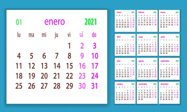 Calendario español 2021 plantilla vectorial. La semana comienza el lunes. Concepto de calendario de papelería — Vector de stock