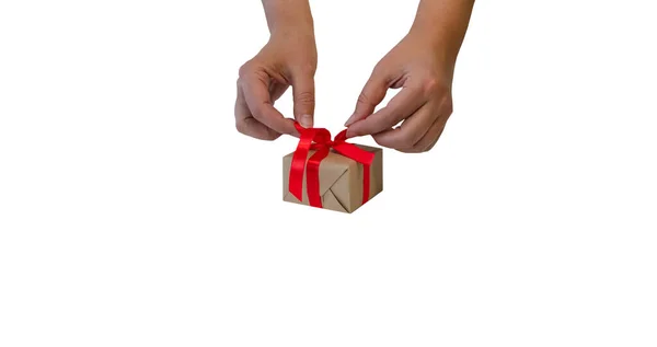 Hands Hold Gift Box Red Ribbon Copy Space Isolated White — Stock Photo, Image