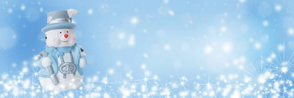 Christmas Panoramic Background Happy Snowman Winter Secenery Copy Space — Stock Photo, Image