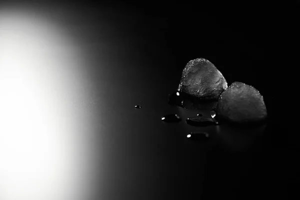 Arka plan ışıklarıyla mat yüzeyinde iki güzel buz parçasının siyah ve beyaz fotoğrafı.