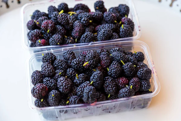 Organic Dark Black Ripe Mulberries Plastic Box Package Sale Morus — Stockfoto