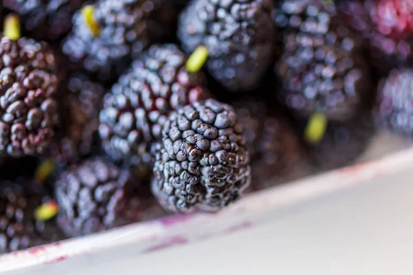 Organic Dark Black Ripe Mulberries Plastic Box Package Sale Morus — Stockfoto