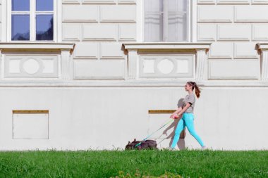 Güneşli bir günde, sosyal mesafeler ve Covid-19 güvenlik önlemleri sırasında köpeğini gezdiren genç bir kız.