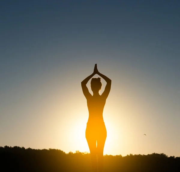 Kvinna Mediterar Och Utövar Yoga Soluppgången Paddelbrädet — Stockfoto