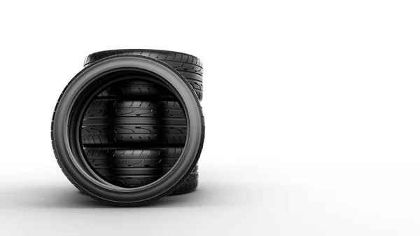 Pile de pneus neufs, isolé sur fond blanc — Photo