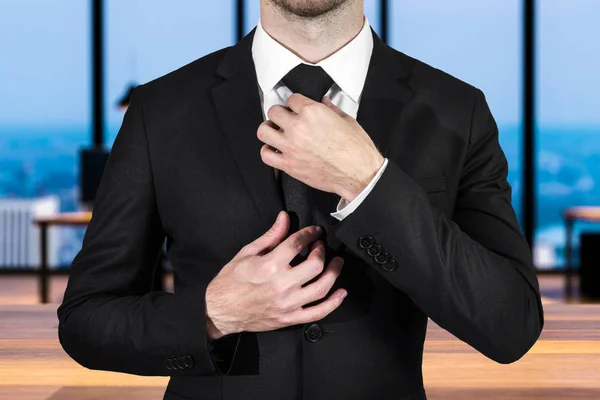 Businessman Correcting His Tie Large Empty Office Illustration — Stock Photo, Image