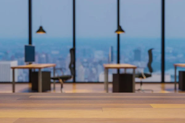 空の木製テーブル ぼやけているカラフルな近代的なオフィス インテリアの背景 コピー領域のクローズ アップ イラスト — ストック写真